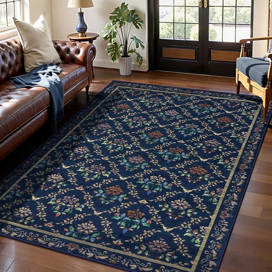 Tangsoo 5x7 Washable Area Rug, Non Slip Blue Floral Indoor Rug, Soft Low Pile Floor Carpet for Living Room, Bedroom, Dining Room, Pet & Child Friendly Room Decor, Easy to Clean