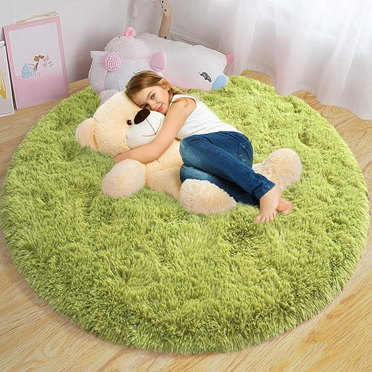 Round Fluffy for Bedroom Rugs, 4Ft Green Shag Circle Rug Non-Slip for Kids Girls Boys Bedroom Dorm Nursery Playroom, Soft Cute Area Rugs for Living Room Decor