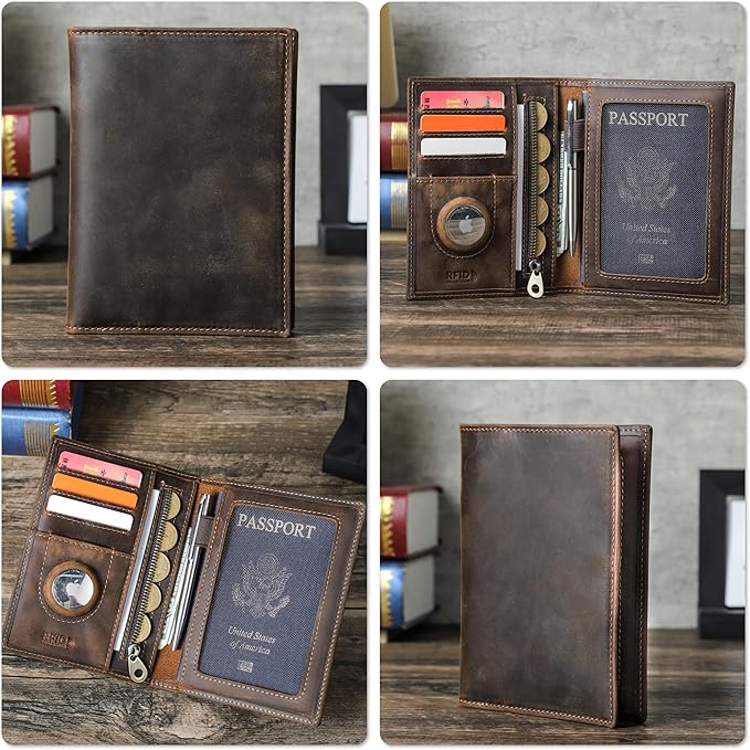 Top Grain Leather Single Travel Passport Wallet Embossing Badge for Unisex, Folio Design for Passport & Multi Cards, RFID Blocking for Passport/Cards/Checks/Bills/AirTag, Coffee Default, US