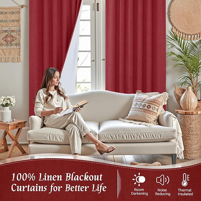 LAMIT Red 100% Blackout Window Curtains for Bedroom, 45 Inches Linen Textured Thermal Christmas Decor Drapes Back Tab and Rod Pocket Window Panels with White Liner, 2 Panels, 52 x 45 Inch