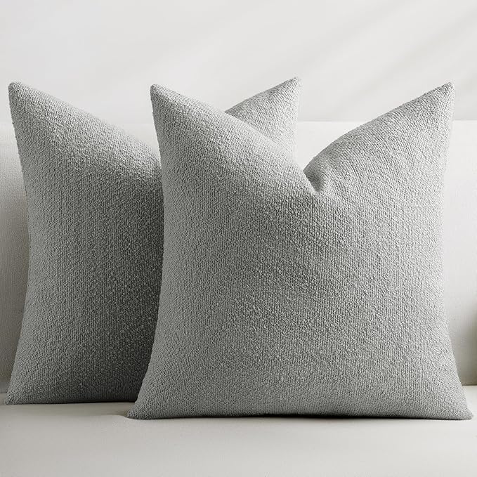 Throw Pillow Covers 18 x 18 Inch Set of 2, Accent Soft Boucle Textured Pillow Cover, Decorative Solid Color Cozy Cushion Pillow Case for Couch Bedroom Sofa Living Room Home Decor, Light Gray