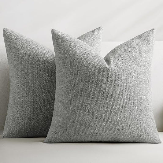 Throw Pillow Covers 18 x 18 Inch Set of 2, Accent Soft Boucle Textured Pillow Cover, Decorative Solid Color Cozy Cushion Pillow Case for Couch Bedroom Sofa Living Room Home Decor, Light Gray