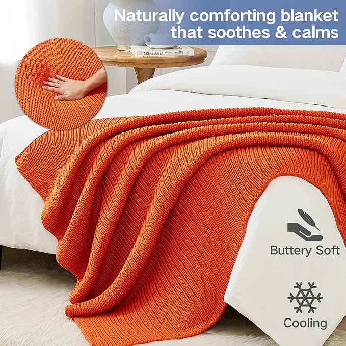 Guohaoi Knitted Weighted Blanket for Adults (Orange 60"x80" 25lbs) No Beads Cooling Throw Blanket for Hot Sleepers, Home Decor Breathable Chunky Knit Heavy Blanket Use on Queen/King Size Bed