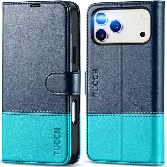 TUCCH Case Wallet for iPhone 17 Pro Max (6.9") 2025, Stand, RFID Blocking, 4 Card Holder, TPU Shockproof Inner Shell, PU Leather, Magnetic Closure Folio Protective Cover, Blue & Lake Blue