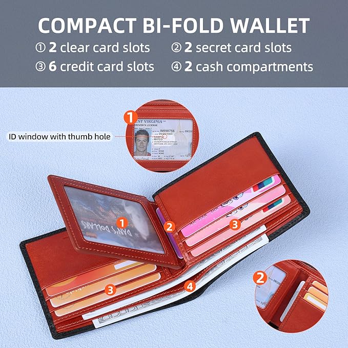 VISOUL Mens Bifold Wallet with 2 ID Windows Carbon Fiber Leather, RFID Blocking Secure Designer Billfold Wallets for Men with Two Cash Compartments (Black+Orange Red)