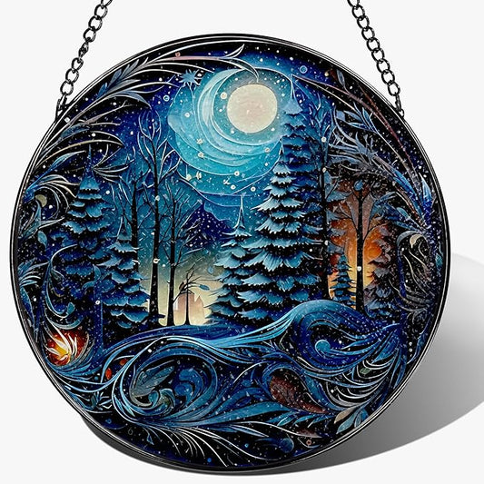 8-Inch Starry Night Forest Suncatcher Ornament, Stained Glass Window Hanging & Stained Glass Holiday Ornament, Sun Catcher Window Decor — Magical Gift for Nature Lovers, Gifts for Christmas & Holidays