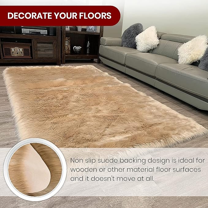 LAMBZY High Pile Super Fluffy Soft Faux Sheepskin Rug | Faux Sheepskin Rugs for Living Room Playroom Bedroom | Classic Super Soft to Touch Rug (6'x9', Beige)
