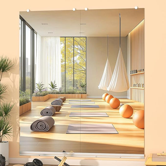 Hasipu Home Gym Mirror, 67"x28" Each, 2-Pack Frameless Wall Mounted Mirrors with Glass Clamps & 1 Aluminum Rail, Large Body Mirror for Home Gym, Yoga Studio, Bedroom, Silver Tempered Glass
