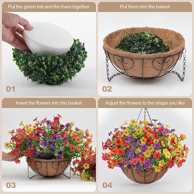 2 Set Artificial Faux Hanging Flowers Plants Basket for Outdoors Outside Spring Summer Decoration,2 Hanging Planters 24pcs Silk Fake Flowers UV Resistant Porch Patio Front Garden Home (4 Multicolor)