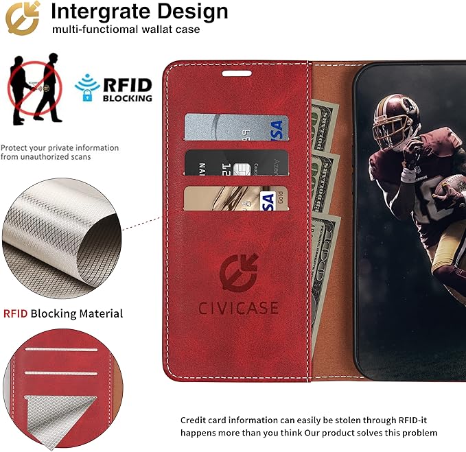 CIVICASE for iPhone 16 Plus Wallet Case,PU Leather Flip Case RFID Blocking Credit Card Holder Folio Magnetic Stand TPU Shockproof Cover Compatible with iPhone 16 Plus, Red Brown