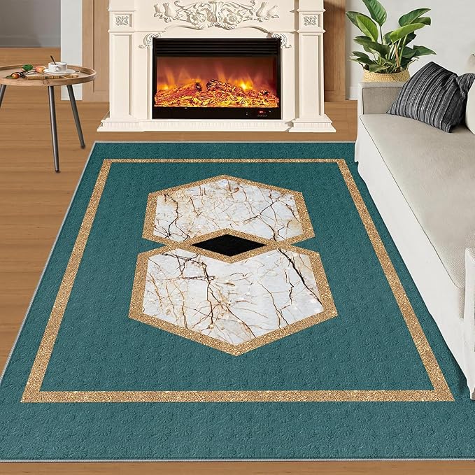 Jadeite Marble Area Rug Abstract Marble Texture Area Rugs for Living Room Light Luxury Stone Crack Carpet Gold Geometric Stripes Outdoor Carpet for Bedroom Living Room 3x4ft