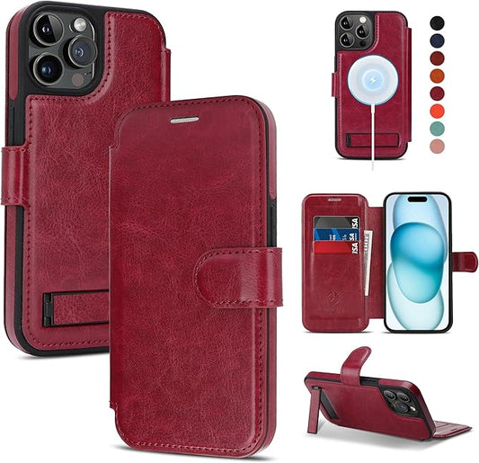 CIVICASE for iPhone 14 Pro Max Wallet Case with Stand,PU Leather Flip Credit Card Holder Slots (RFID Blocking),Compatible with Magsafe Magnetic Holder Phone Cover Women Men,Wine Red