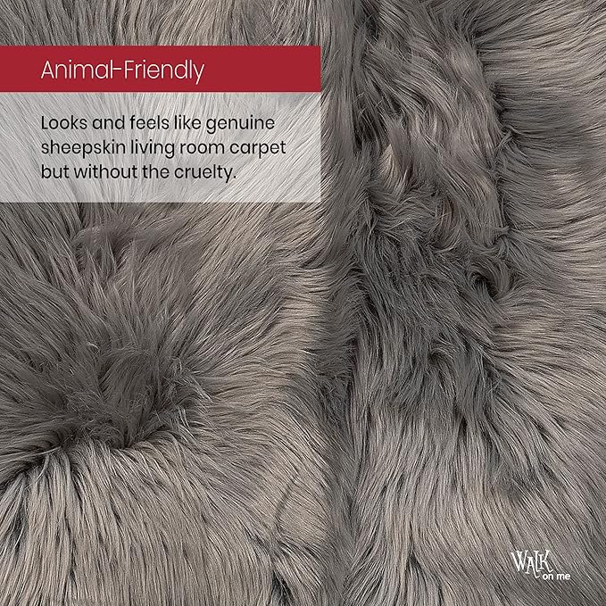 Silky Soft Faux Fur Rug, 6 ft. x 9 ft. Gray Fluffy Rug, Sheepskin Area Rug, Rectangle Rug for Living Room, Bedroom, Kid's Room, or Nursery, Home Décor Accent, Machine Washable with Non-Slip Backing
