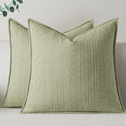 a moment Linen Pillow Covers Set of 2,Boho Farmhouse Throw Pillowcases Neutral Textured Decorative Covers for Couch Sofa,Linen Blend Accent Case Cushion Living Room Home Decor 24"x24"Seeding Green