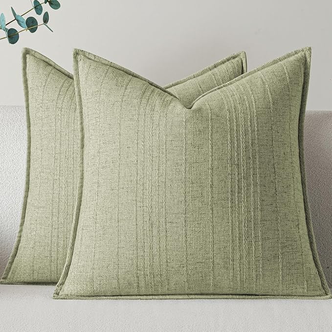 a moment Linen Pillow Covers Set of 2,Boho Farmhouse Throw Pillowcases Neutral Textured Decorative Covers for Couch Sofa,Soft Linen Blend Accent Case Cushion Home Decor 18"x18"Seeding Green