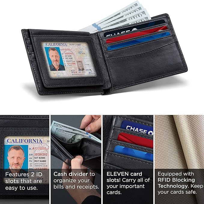 SERMAN BRANDS 2 ID Window Wallet for Men RFID Blocking Leather, Bifold Top Flip, Extra Capacity Travel Wallet
