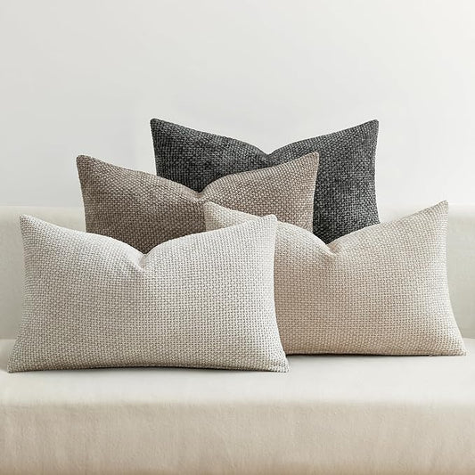 MIULEE Pack of 4 Couch Throw Pillow Covers 12x20 Inch Neutral Soft Decorative Chenille Pillow Covers Farmhouse Boho Accent Cushion Covers for Mid Century Modern Spring Decor Sofa Bedroom Living Room