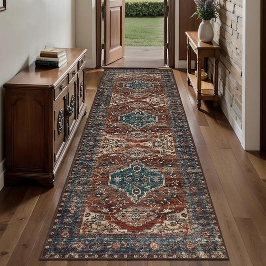 Tangsoo 2.6x8 Washable Runner Rug for Hallways, Non Slip Vintage Runner Rug, Soft Low Pile Long Rug Runner, Print Distressed Carpet Runners for Kitchen Bedroom Entryway Bathroom Living Room