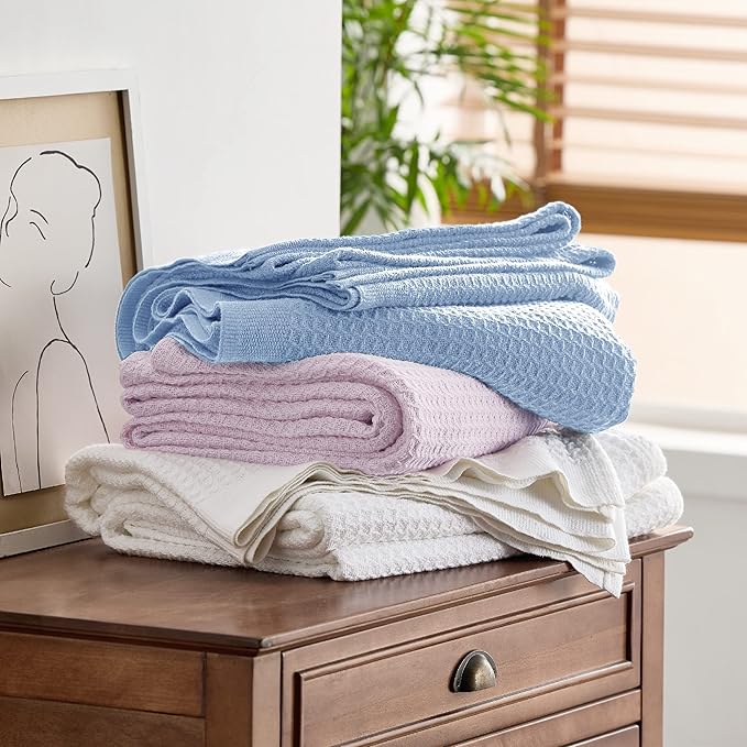 Bedsure Gentlesoft 100% Cotton Blanket King Size for Bed - Breathable and Soft, Thick Cozy Waffle Weave Christmas Blanket Gift for Women, Sky Blue, 104x90 inches