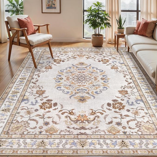 Tangsoo 5x7 Washable Area Rug, Non Slip Boho Neutral Rug for Bedroom Living Room, Vintage Beige Tan Soft Low Pile Floor Indoor Carpet for Bathroom Office Kid & Pets Friendly Home Decor
