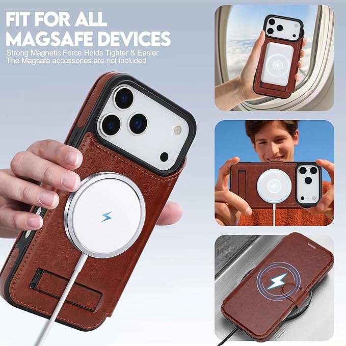 CIVICASE for iPhone 17 Pro Wallet Case with Stand,PU Leather Flip Credit Card Holder Slots (RFID Blocking),Compatible with Magsafe Magnetic Holder Phone Cover Women Men,Dark Brown