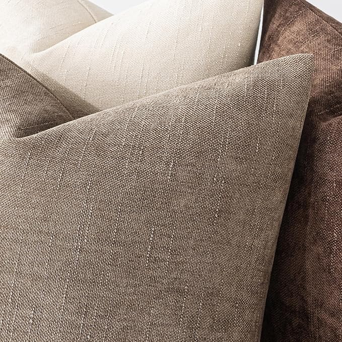 MIULEE 26x26 Inch Euro Sham Chenille Throw Pillows Set of 2 Soft Accent Taupe Grey Neutral Farmhouse Textured Cushion Covers for Bed Sofa Bedroom Living Room