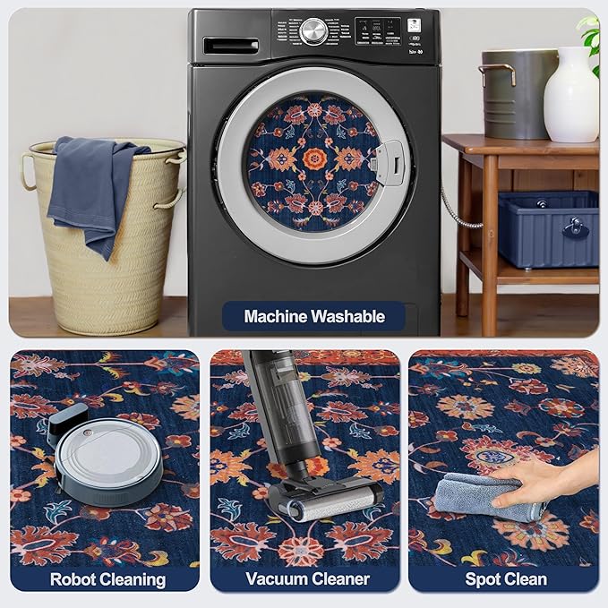 Tangsoo Floral Area Rug 4x6 Machine Washable Red Blue Rug Non-Slip Vintage Distressed Boho Print, Low Pile Carpet for Living Room, Bedroom, Dining Room, Pet & Child Friendly (Red Blue)