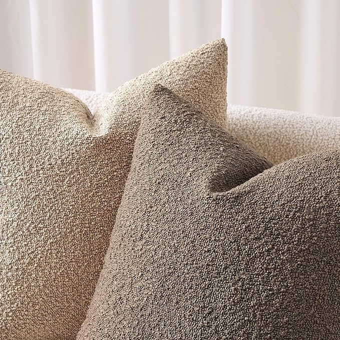 ANRODUO Pack of 2 Textured Boucle Throw Pillow Covers Soft Camel Decorative Accent Solid Pillow Cases Cozy Modern Couch Cushion Case for Chair Sofa Bedroom Living Room Home Decor, 18 x 18 Inch