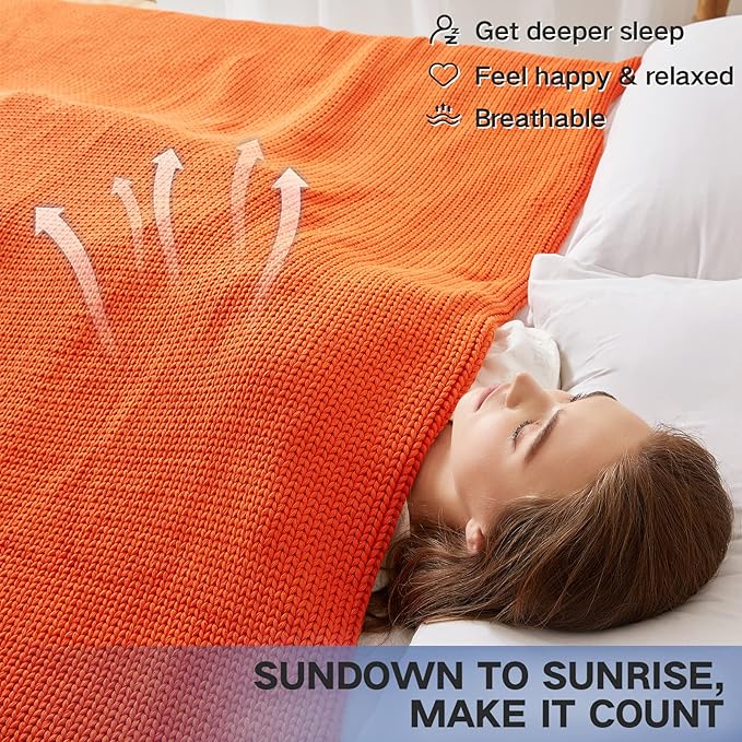 Guohaoi Knitted Weighted Blanket for Adults (Orange 48"x72" 15lbs) No Beads Cooling Throw Blanket for Hot Sleepers, Home Decor Breathable Chunky Knit Heavy Blanket Use on Full Size Bed
