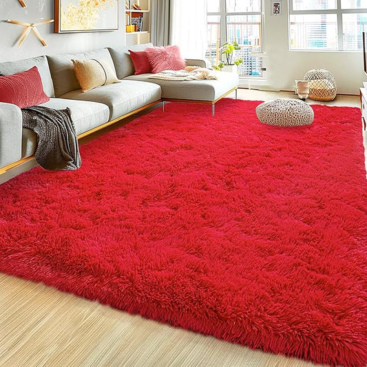 Ultra Fluffy Area Rugs for Living Room Bedroom, 6x9 Fuzzy Large Living Room Rugs, Thick Shag Rug for Dorm, Soft Non Slip Kids Girls Boys Rug for Home Decor Aesthetic, Red