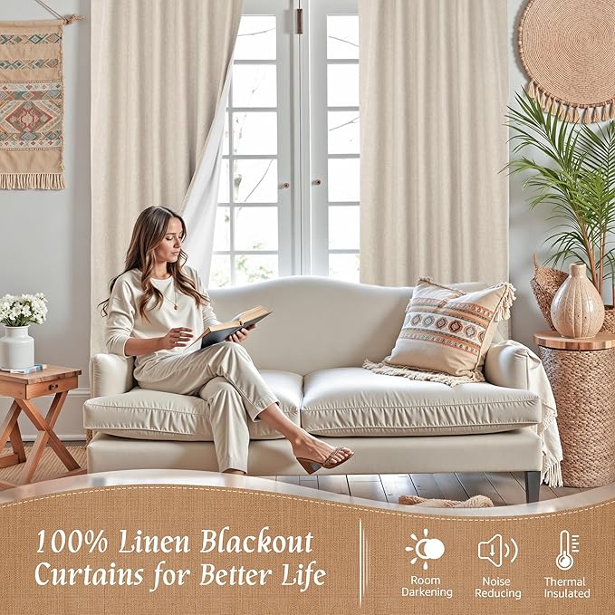LAMIT Natural 100% Blackout Linen Curtains, 54 Inches Linen Textured Thermal Bedroom Drapes Back Tab and Rod Pocket Neutral Panels with White Liner for Small Window, 2 Panels, 42 x 54 Inch, Oatmeal