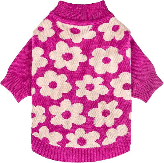 Fitwarm Floral Dog Sweater, Thermal Dog Sweatshirt, Dog Winter Clothes for Small Dogs Girl, Doggy Pullover Jumper, Pet Outfit, Hot Pink, White, Medium