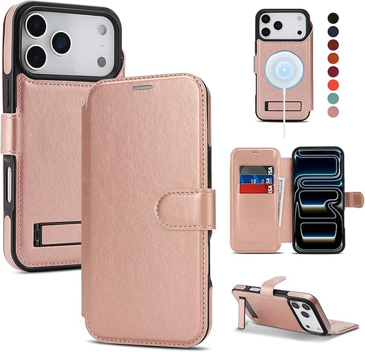 CIVICASE for iPhone 17 Pro Wallet Case with Stand,PU Leather Flip Credit Card Holder Slots (RFID Blocking),Compatible with Magsafe Magnetic Holder Phone Cover Women Men,Rose Gold