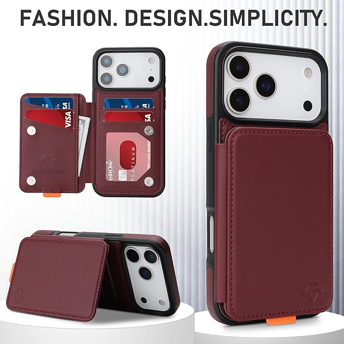 GUERNICA for iPhone 17 Pro (6.3") Case Wallet with Card Holder, RFID Blocking Leather Protection, Shockproof Women Men Phone Case for Apple 17 Pro, Wine Red