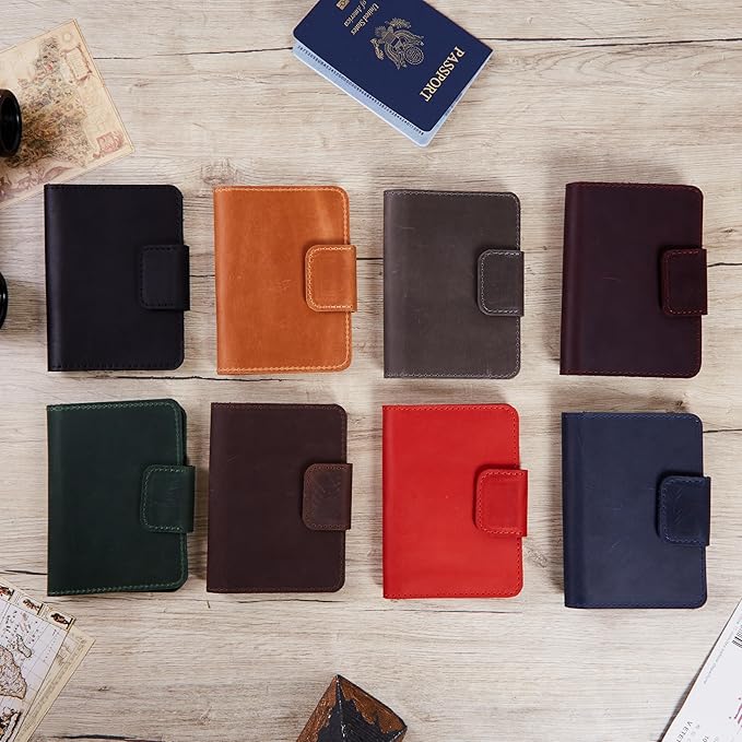 Passport Holder for Travel with AirTag - Passport Wallets Compatible with Airtag Passports Cover with Card Slots & Note Compartment, Magnetic Closure, Genuine Leather Crazy Horse, Vintage Burgundy