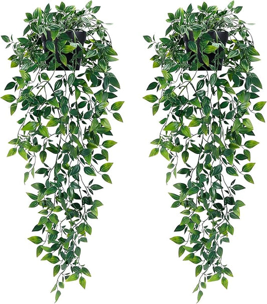 Waipfaru 2Pcs Fake Hanging Plants with Pot Deep Green Eucalyptus Leaves UV Resistant Fake Vines Ivy Artificial Plants Outdoor Faux Plants Indoor Bedroom Living Room Boho Wall Porch Shelf Decor