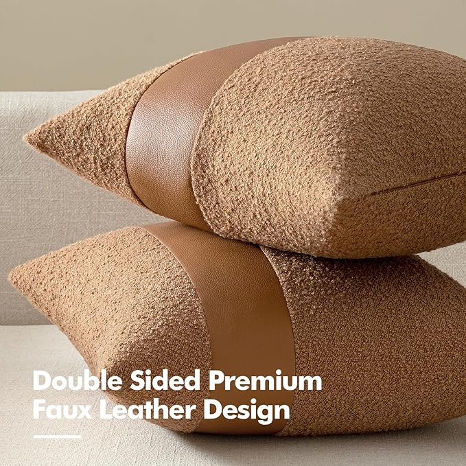 MIULEE Boucle Throw Pillow Covers 20x20 Inch Set of 2 Brown Faux Leather Textured Decorative Pillow Cases Boho Farmhouse Accents Cushion Covers for Couch Bed Livingroom Home Decor