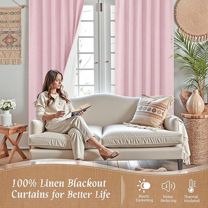 LAMIT 100% Blackout Linen Curtains 63 Inches Long, Linen Textured Living Room Farmhouse Curtains Full Room Darkening Back Tab and Rod Pocket Panels with White Liner, 2 Panels, Pink, 60 x 63 Inch