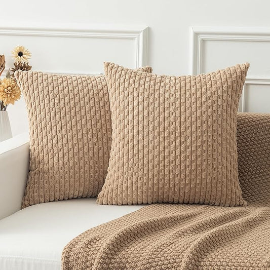 Kevin Textile Euro Sham Pillow Covers 28x28 Inch 2 Packs Soft Boho Striped Corduroy Decorative Throw Pillows for Living Room Couch Bed Sofa Rustic Farmhouse Home Decor 71x71cm Tan