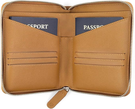 Full Grain Leather Passport Holder for 2 Passports - Dual Passport Holder and Travel Documents Organizer - RFID Travel Wallet for Couples - Camel