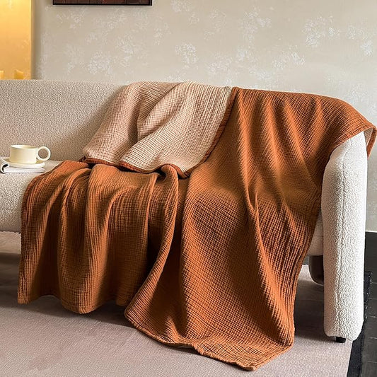 FALUCA Cotton Muslin Reversible Blanket 50x60 Inches for Bed, Couch, Four Layers Blanket, Soft Lightweight Cozy Breathable Farmhouse Decoration for All-Season, Camel