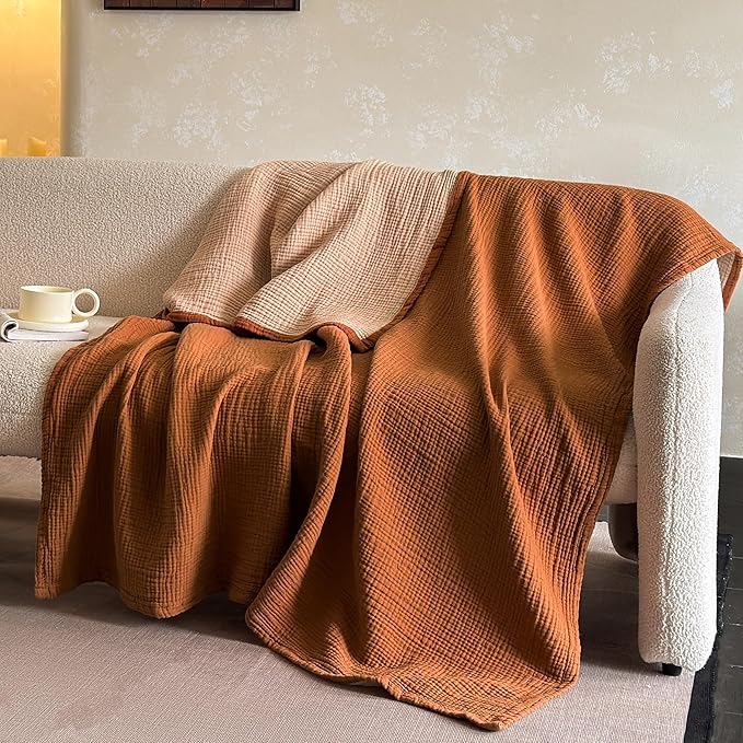 FALUCA Cotton Muslin Reversible Blanket Twin Size for Bed, Couch, Four Layers Blanket, Soft Lightweight Cozy Breathable Farmhouse Decoration for All-Season, Camel