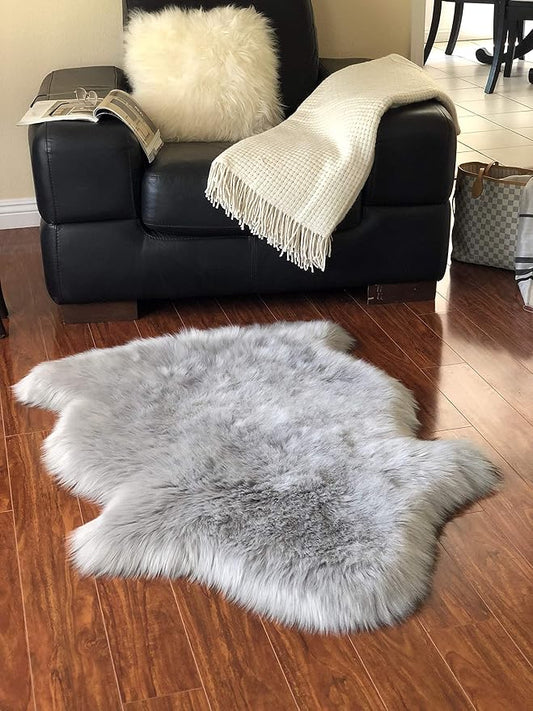Free Shape Luxury Soft Fluffy Shag Area Rug Single 2’x3’, 60x90cm - Vegan Fur Ultra Soft Indoor Carpet Nursery Rugs for Bedroom Home Decor, Grey
