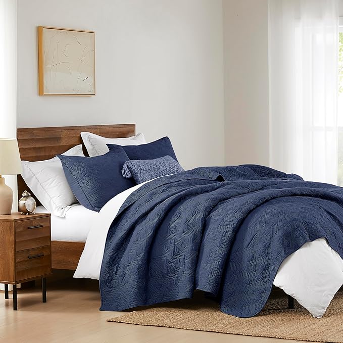 WDCOZY 100% Cotton Twin Size Quilt Set - Navy Blue Pre-Washed Soft Lightweight Modern Bedspread, Farmhouse Country Rustic Coverlet, Textured Like Linen, Shabby Chic Gauze Bedding, 2 Pieces