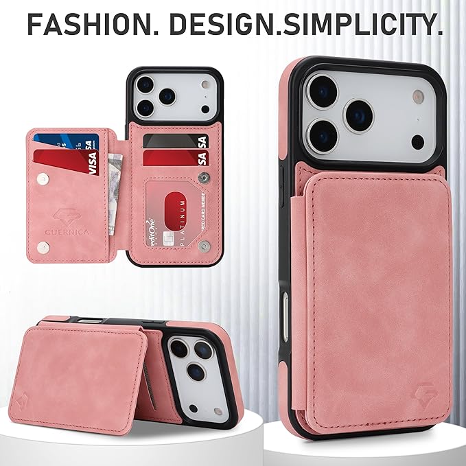 GUERNICA for iPhone 17 Pro Max (6.9") Case Wallet with Card Holder, RFID Blocking Leather Protection, Shockproof Women Men Phone Case for Apple 17 Pro Max, Pink