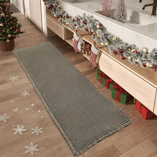 Upgraded Christmas Waffle Runner Rug Super Absorbent Non Slip Bath Mats for Bathroom Floor Washable Bathroom Runner Rug with Tassels, Ideal for Hallway Bedroom Laundry Room, Green, 2' x 6'(24" x 72")