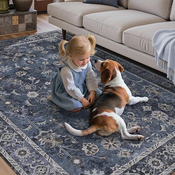 Tangsoo Washable Area Rugs 3x5 Non Slip, Boho Distressed Vintage Blue Floral Throw Rug for Bedroom Entryway, Soft Low Pile Floor Carpet Indoor Mat for Entrance Bedside Kitchen Nursery Office Farmhouse