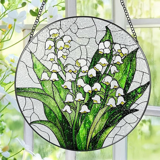 Lily of The Valley Flower Stained Glass Suncatcher, Stained Glass Window Hanging, 8 Inch Green Plants Suncatcher Decor, Gifts for Mother's Day, Mom Gift, Grandma Gift, Gifts Idea
