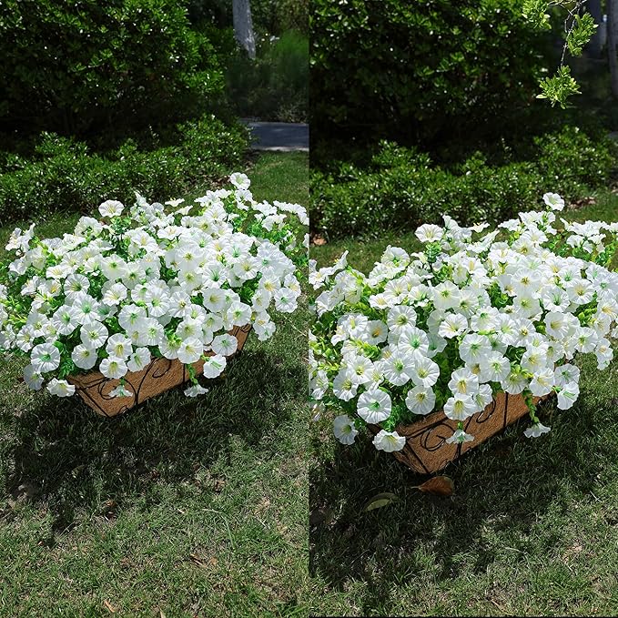 HyeFlora Artificial Flowers for Outdoors Fake Plants Outside Decoration, 12 Bundles Silk White Morning Glory UV Resistant Look Real Faux Flowers for Planter Front Door Porch Patio Yard Gardens Balcony