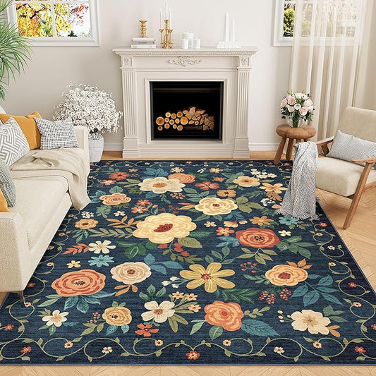 DUKINO 9x12 Area Rug, Floral Rugs for Living Room, Lightweight Non Slip Washable Rug, Indoor Low Pile & Non-Shedding Boho Design Rugs for Bedroom, Living Room, Dining Room, Dark Blue